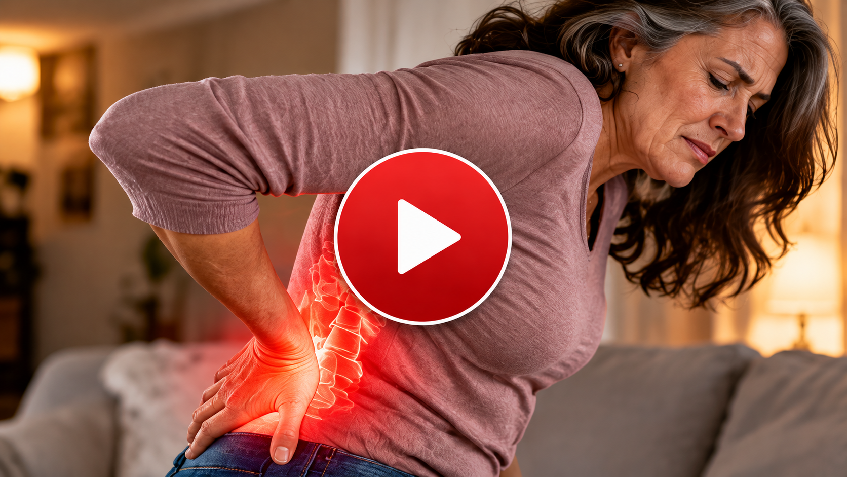 Video preview featuring a woman holding her lower back with a red play icon